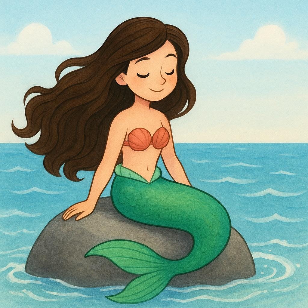 A mythical creature with the upper body of a woman and a long, shimmering fish tail, sitting on a gray sea rock surrounded by blue water.