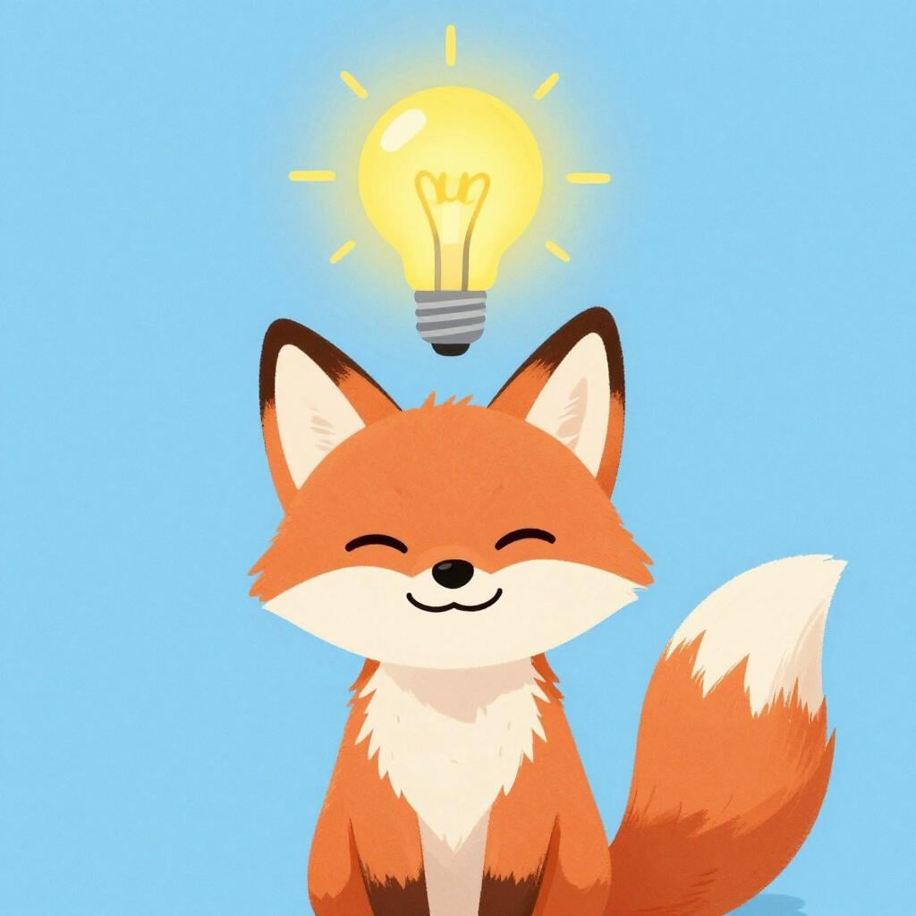 A cheerful fox with a clever, funny expression and a lightbulb glowing above its head.