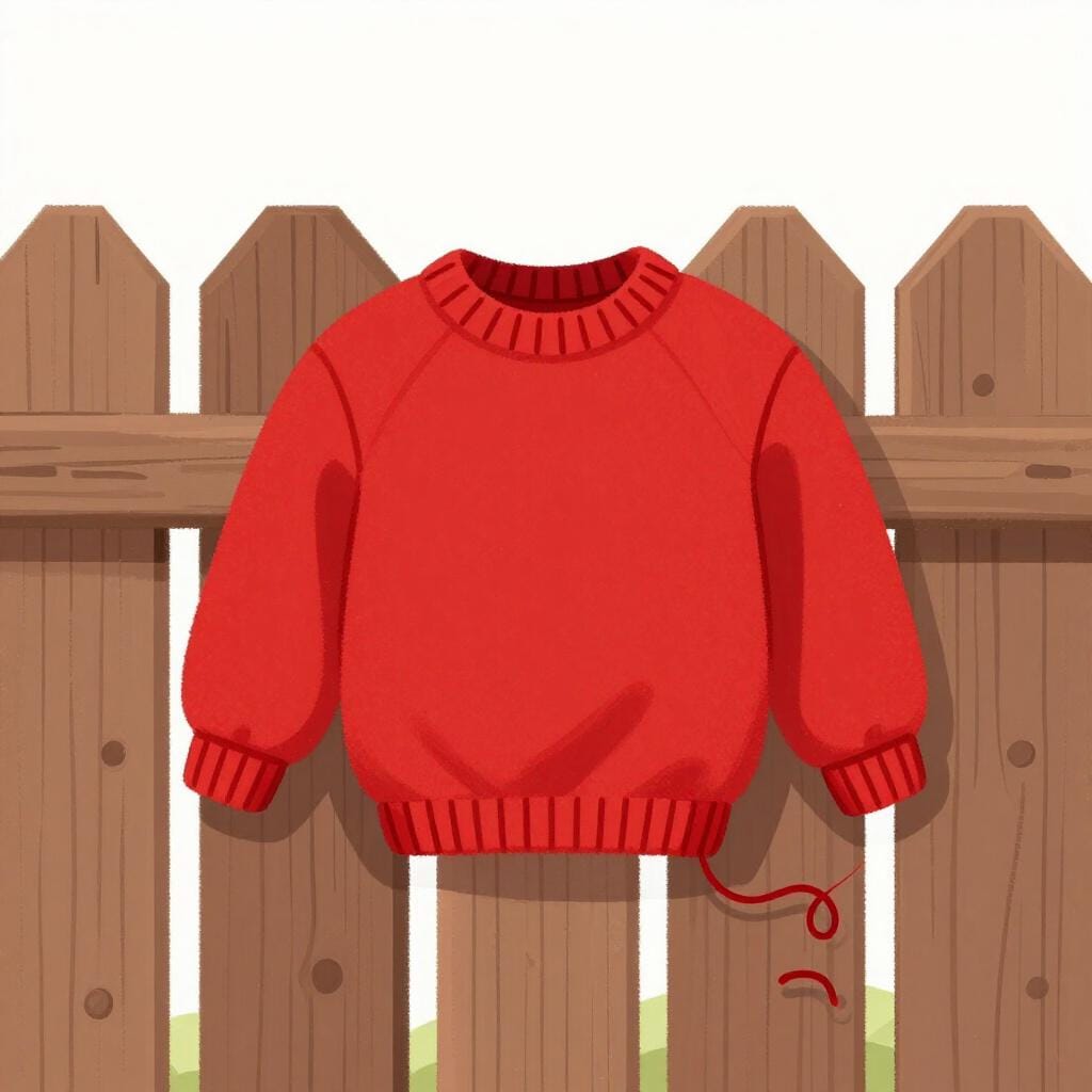 A colorful knit sweater caught on a wooden fence post.
