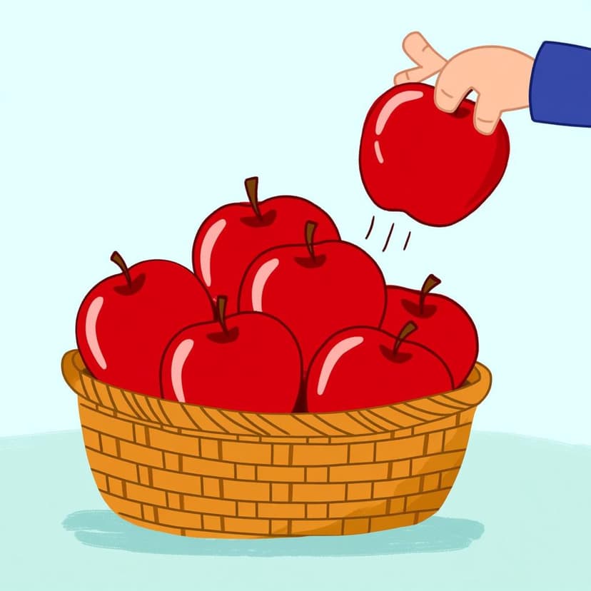 A cartoon hand is actively moving three apples away from a full basket of apples, demonstrating subtraction.