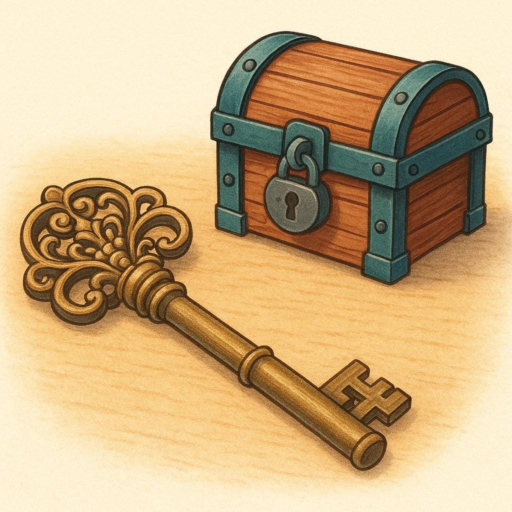 A unique, decorative antique key lying next to a small, locked wooden chest, representing a secret key or combination.