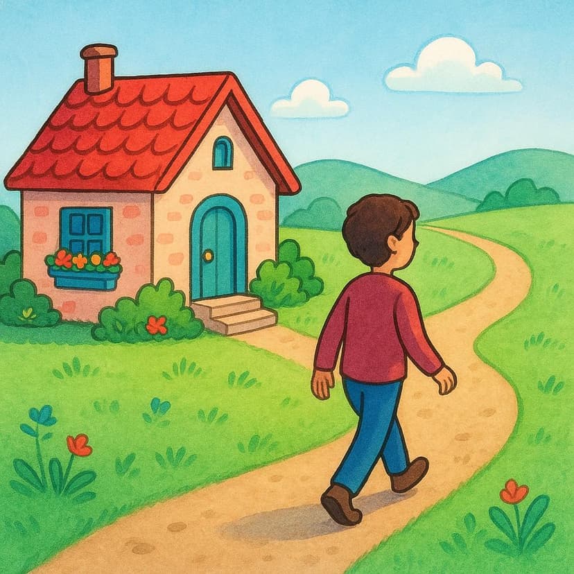 A stylized illustration of a solitary figure walking away from a small, colorful cottage, symbolizing departure.