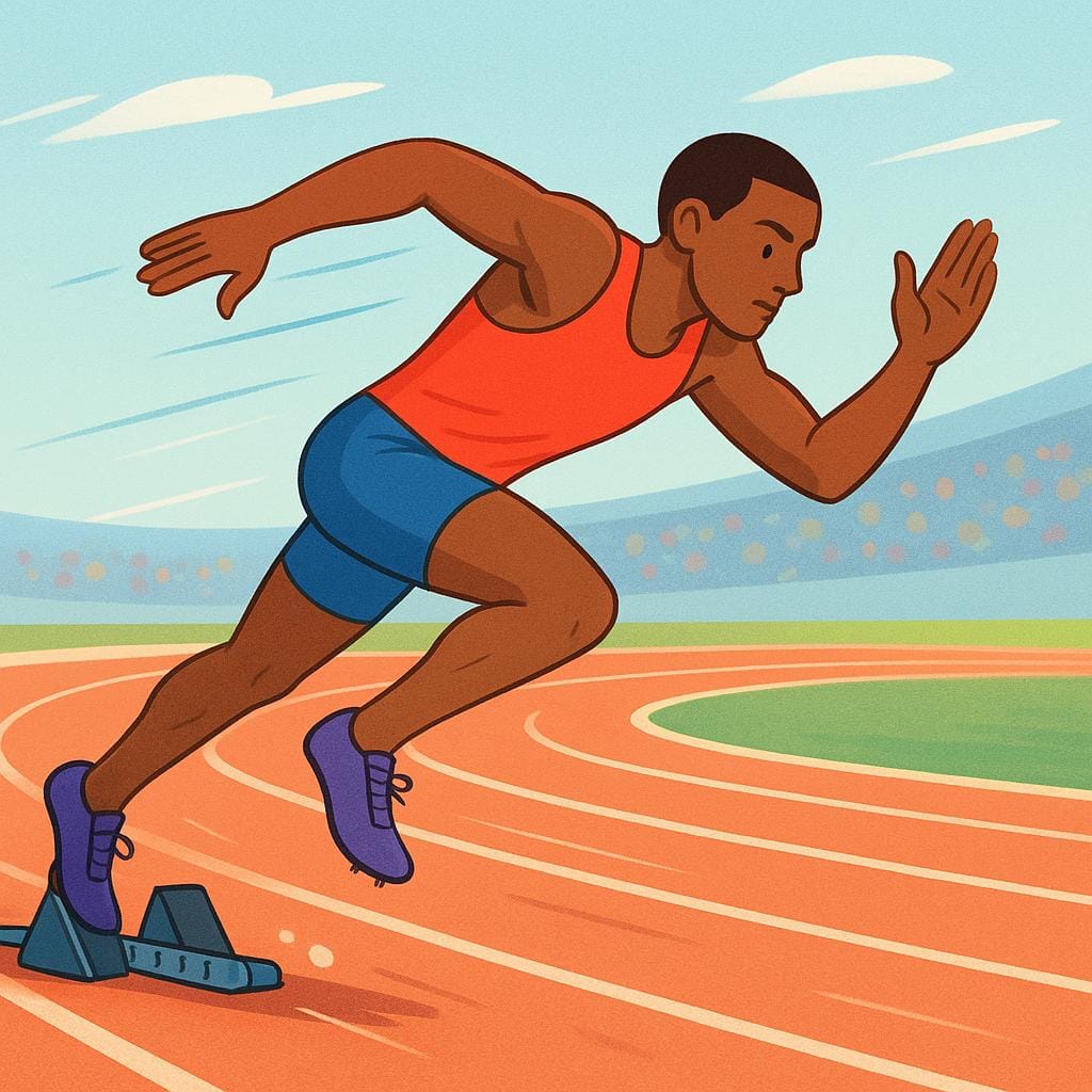 A runner bursting forward from the starting blocks on a track, showing motion and the immediate beginning of a task.