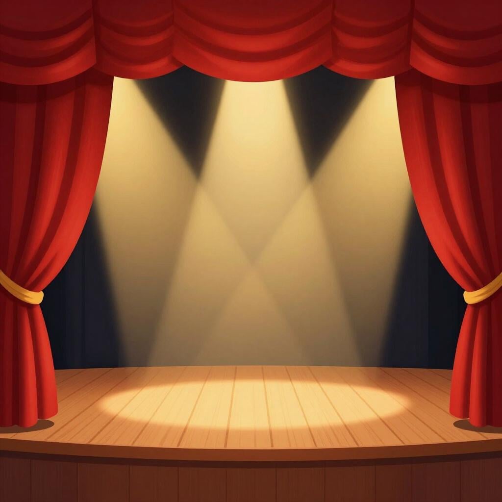 A red velvet theater curtain opening to reveal a bright stage with golden spotlights.