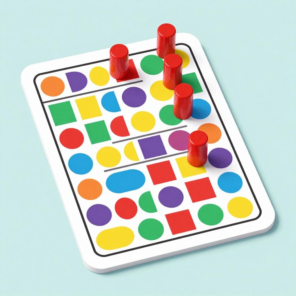 Une carte de jeu colorée avec une grille de cases contenant différents symboles, utilisée pour un jeu de hasard.