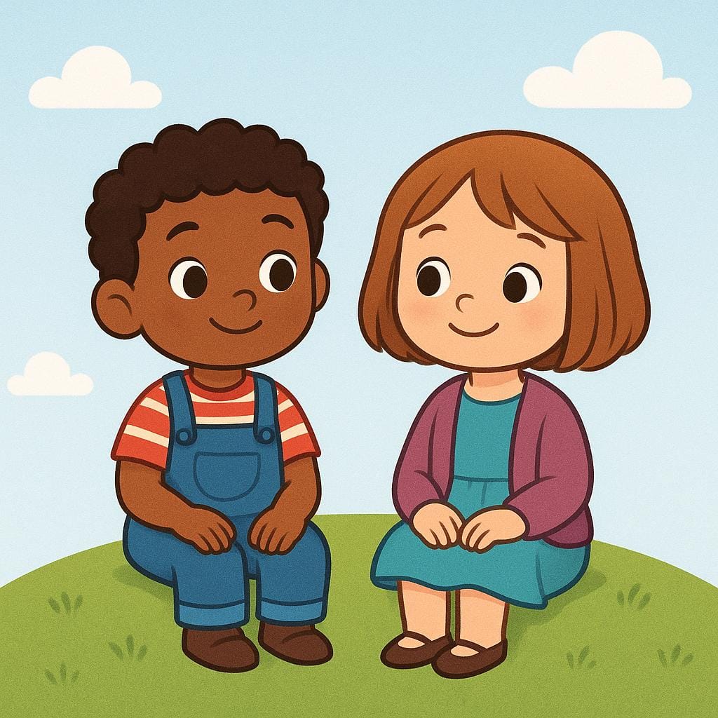 Twee cartoonkinderen zitten naast elkaar, beiden glimlachen breed en zien er tevreden uit, wat een gemoedstoestand illustreert.