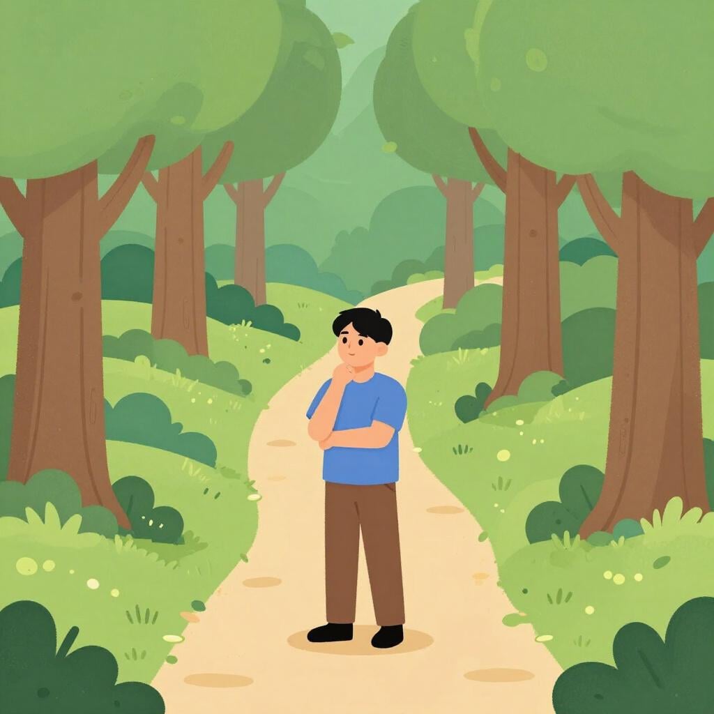 進むべき道が二股に分かれている場所で、元々歩いていた方向とは違う方向を考え込んでいる人の様子。