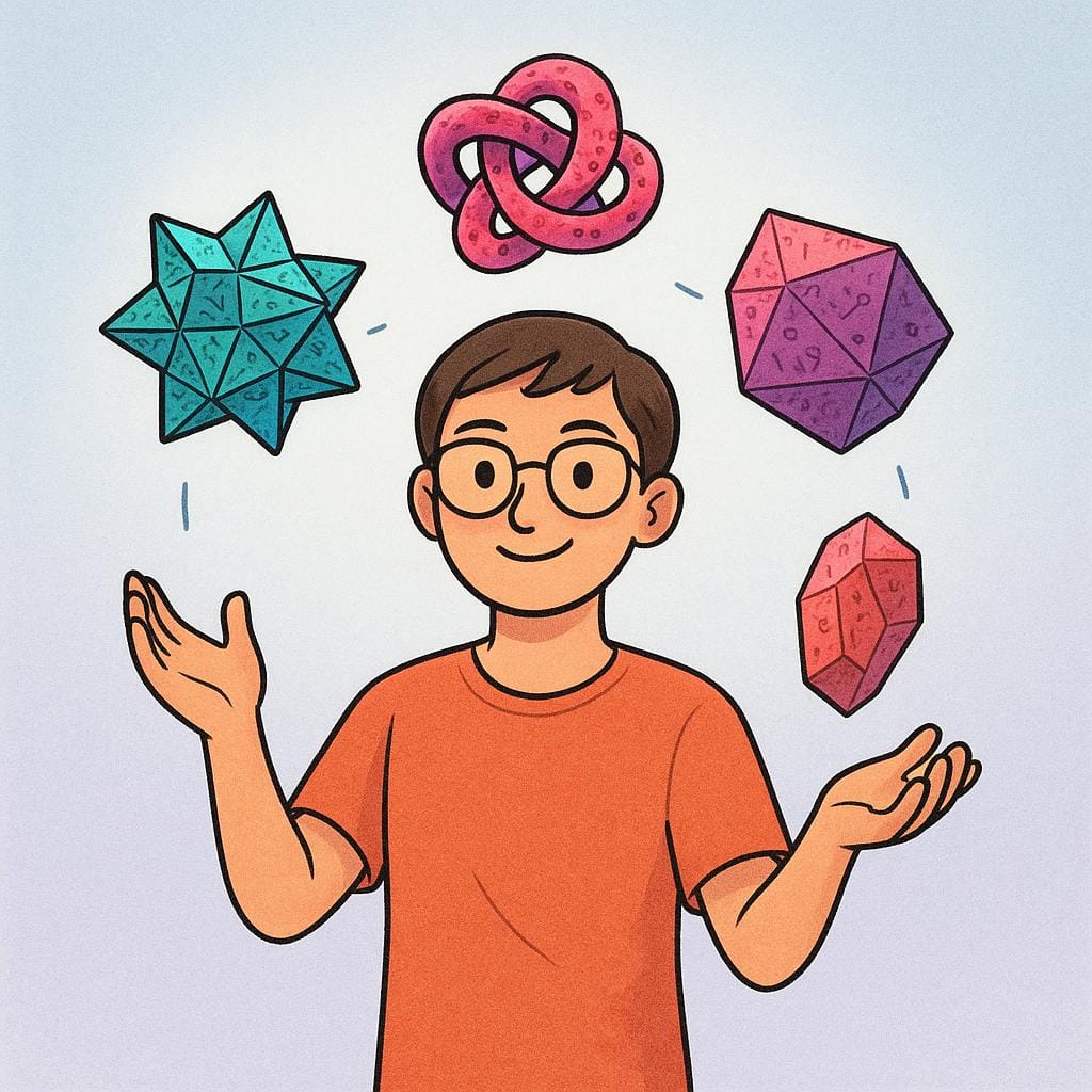 A cheerful illustration of a young person effortlessly juggling three brightly colored, abstract geometric shapes, symbolizing intellectual skill.