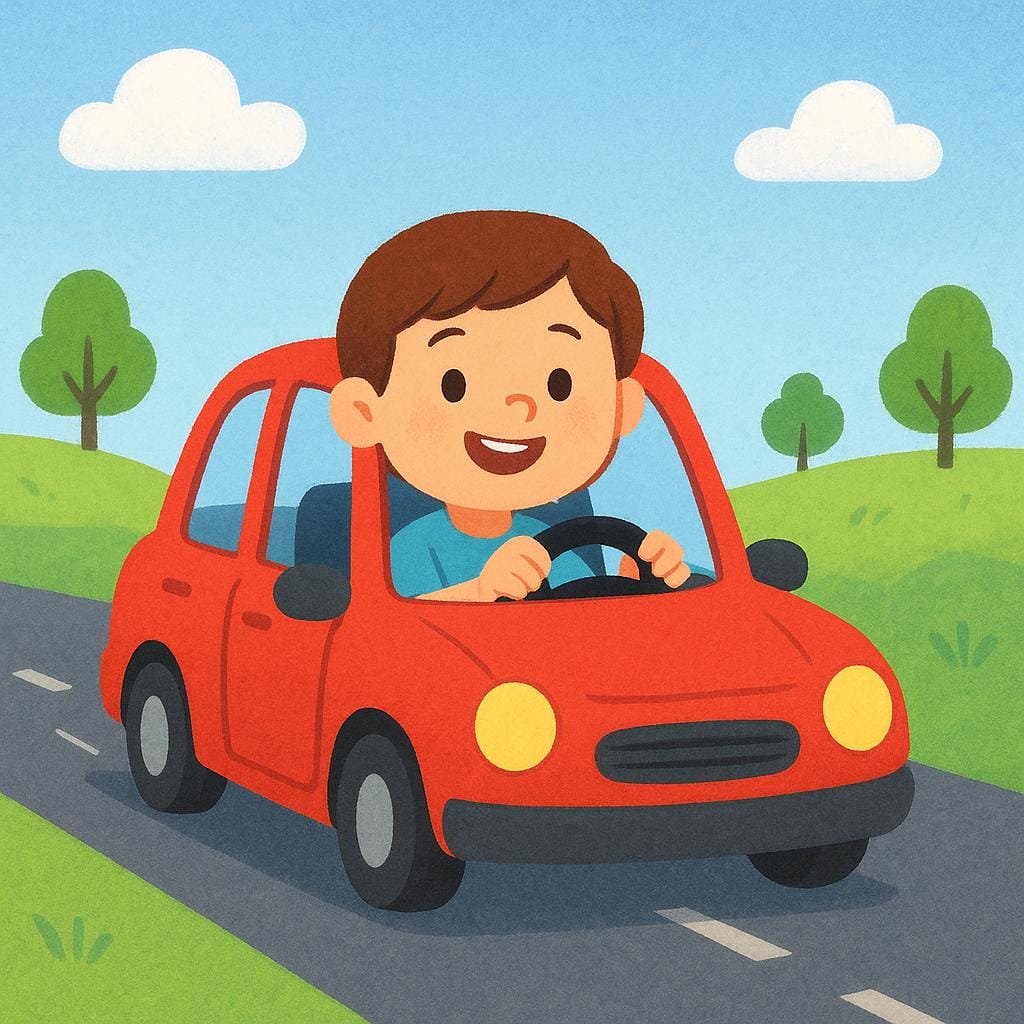 A person sitting happily in the driver's seat of a bright red car, holding the steering wheel and looking forward, illustrating the action of driving.