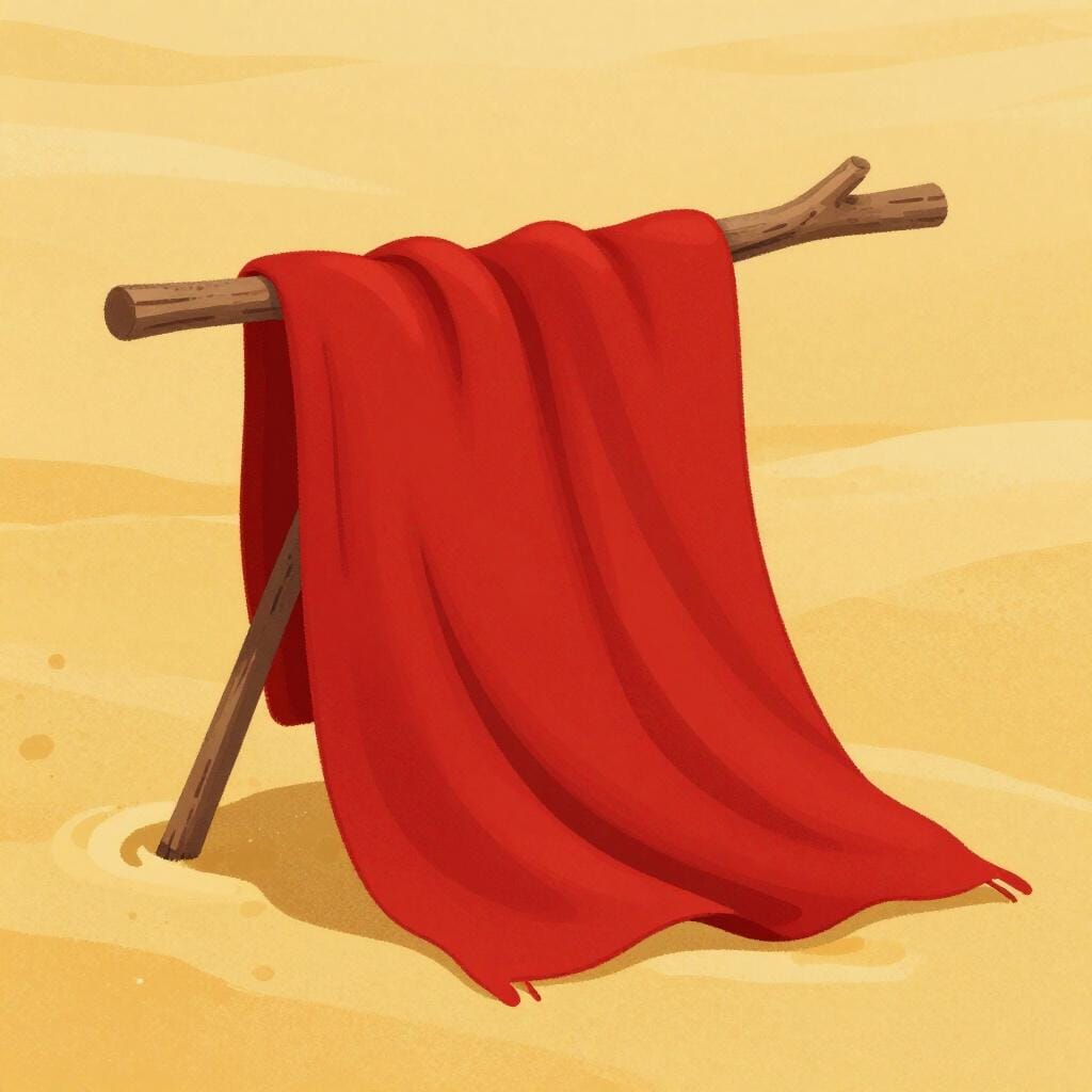 A vibrant red cloth draped over a short wooden stick, resting on a sandy ground.