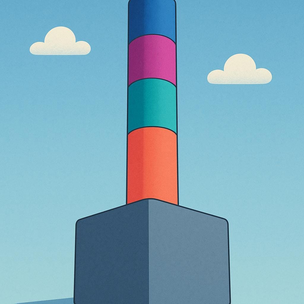 A tall, colorful cylindrical column resting firmly on a large, solid square foundation block.