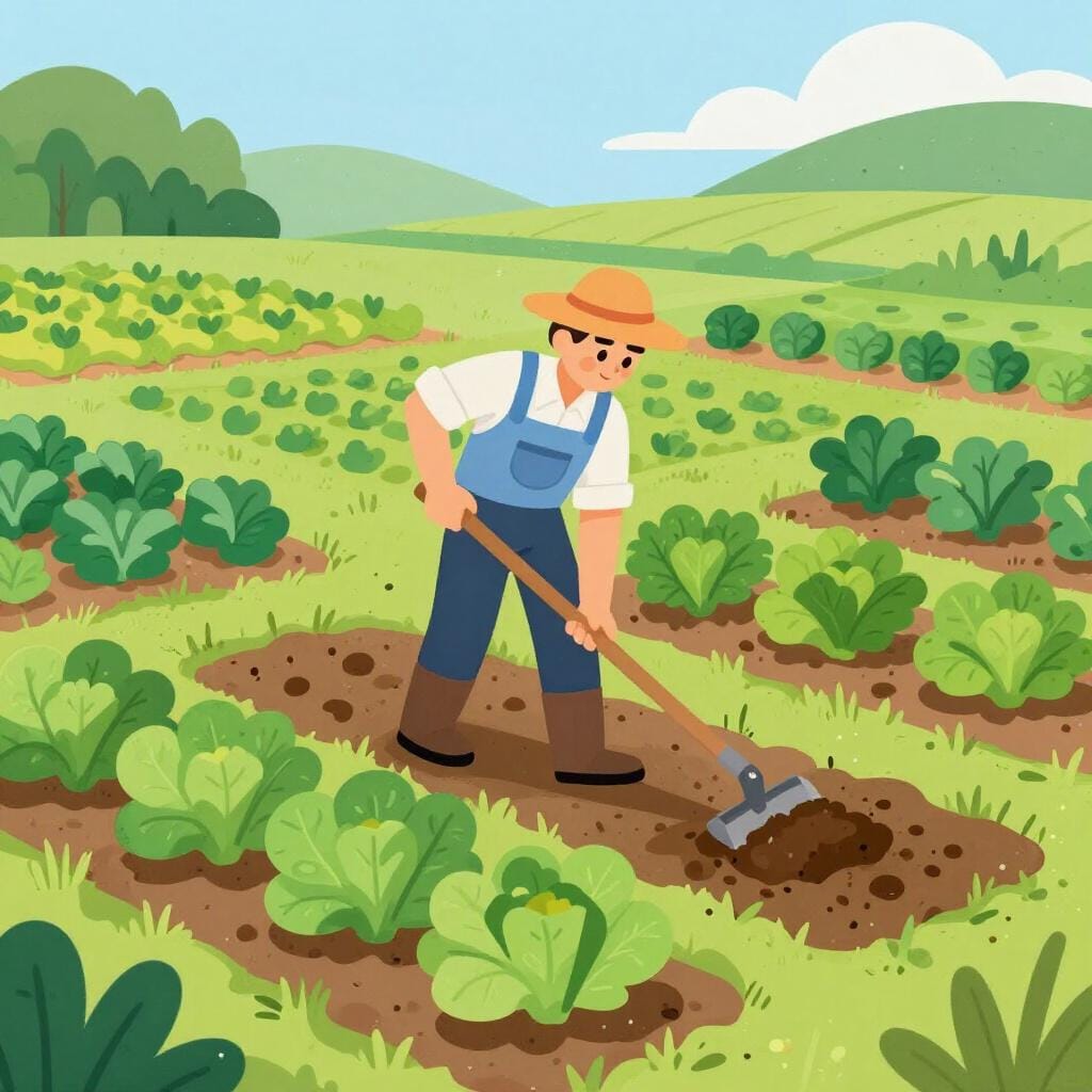 A farmer wearing a straw hat tending to rows of crops in a large field.