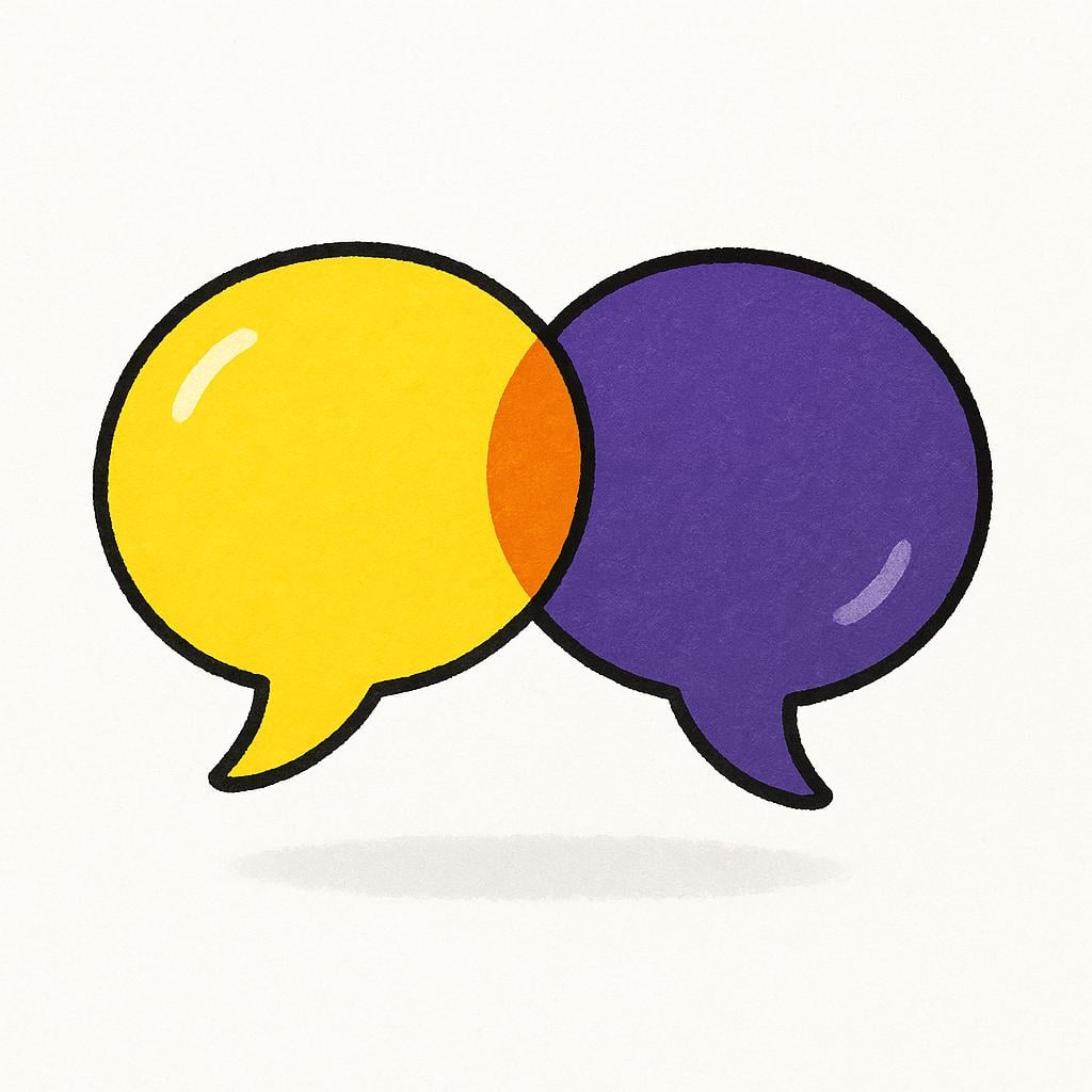Two distinct stylized thought bubbles, one bright yellow and one deep purple, are floating next to each other, touching and blending colors at the point of contact.