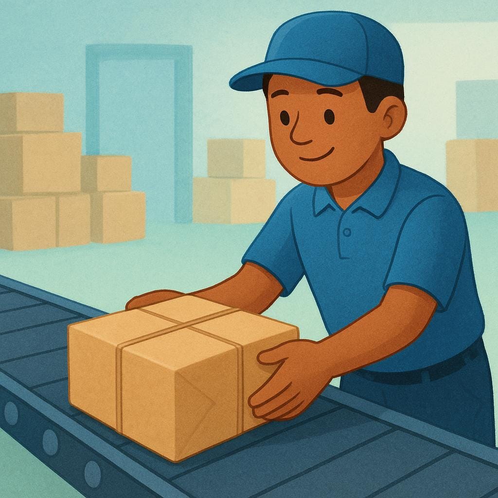 A colorful storybook illustration showing a uniformed delivery worker placing a simple brown package onto a conveyor belt, illustrating the action of sending or dispatching.