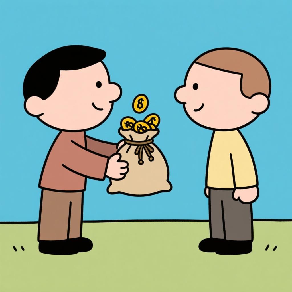 Two friendly cartoon figures exchanging money, where one figure hands a small, overflowing bag of gold coins to the other, symbolizing a debt being paid or acknowledged.