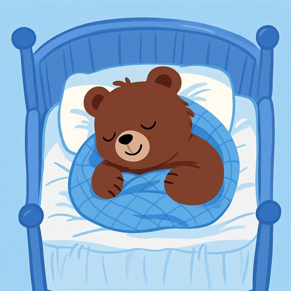 Um filhote de urso pacífico dormindo profundamente em uma cama aconchegante sob um cobertor azul em um quarto simples.