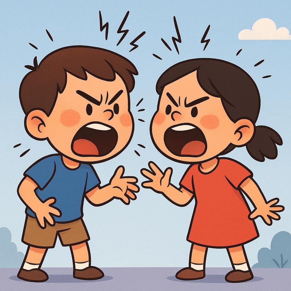 Two simplified cartoon children standing close together, yelling intensely at each other with angry facial expressions, illustrating a verbal fight.
