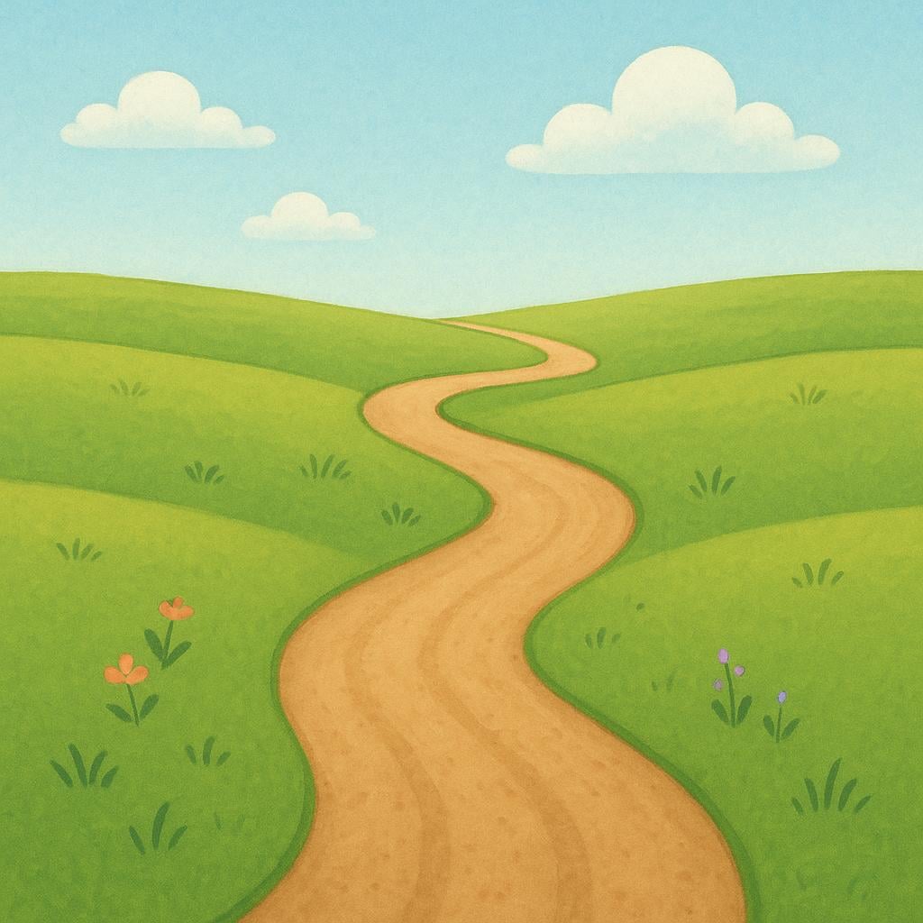 A simple, winding dirt path stretching across an open green landscape, leading toward a distant horizon, symbolizing endless travel.