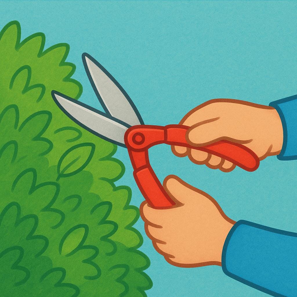 A person's hands holding a pair of large, bright red gardening shears, actively cutting a small green leaf off a bush.