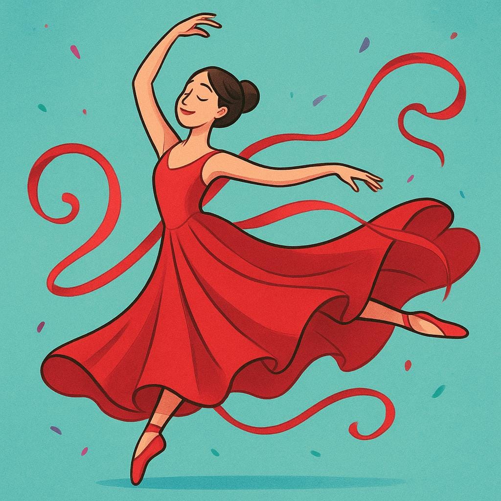 A figure in a vibrant, sweeping red dress performing a graceful, elegant dance move, emphasizing distinctive flair.
