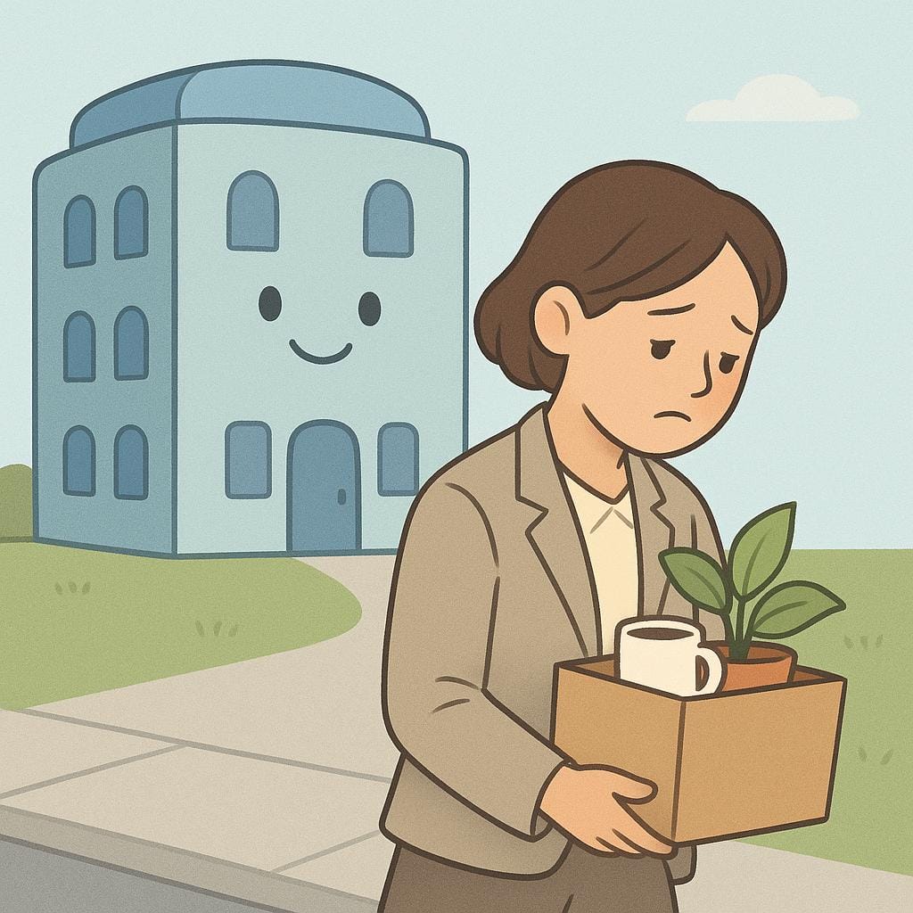 A cartoon character carrying a small cardboard box of belongings while walking away from an office building entrance, symbolizing being fired.