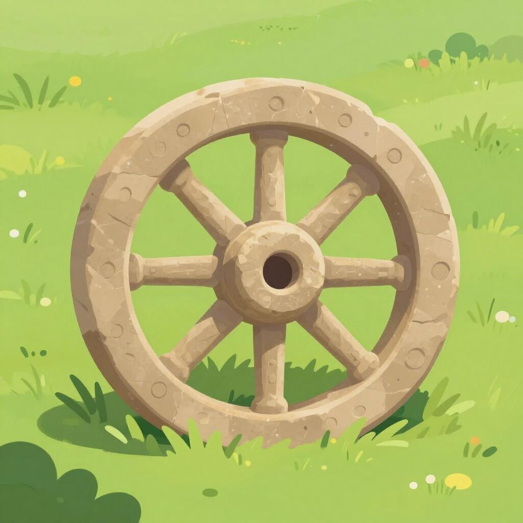 An ancient stone chariot wheel resting in a grassy field.