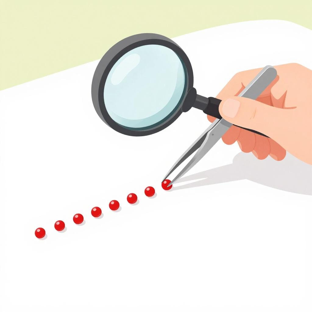 A person using a magnifying glass to perfectly align tiny colorful beads in a straight line.