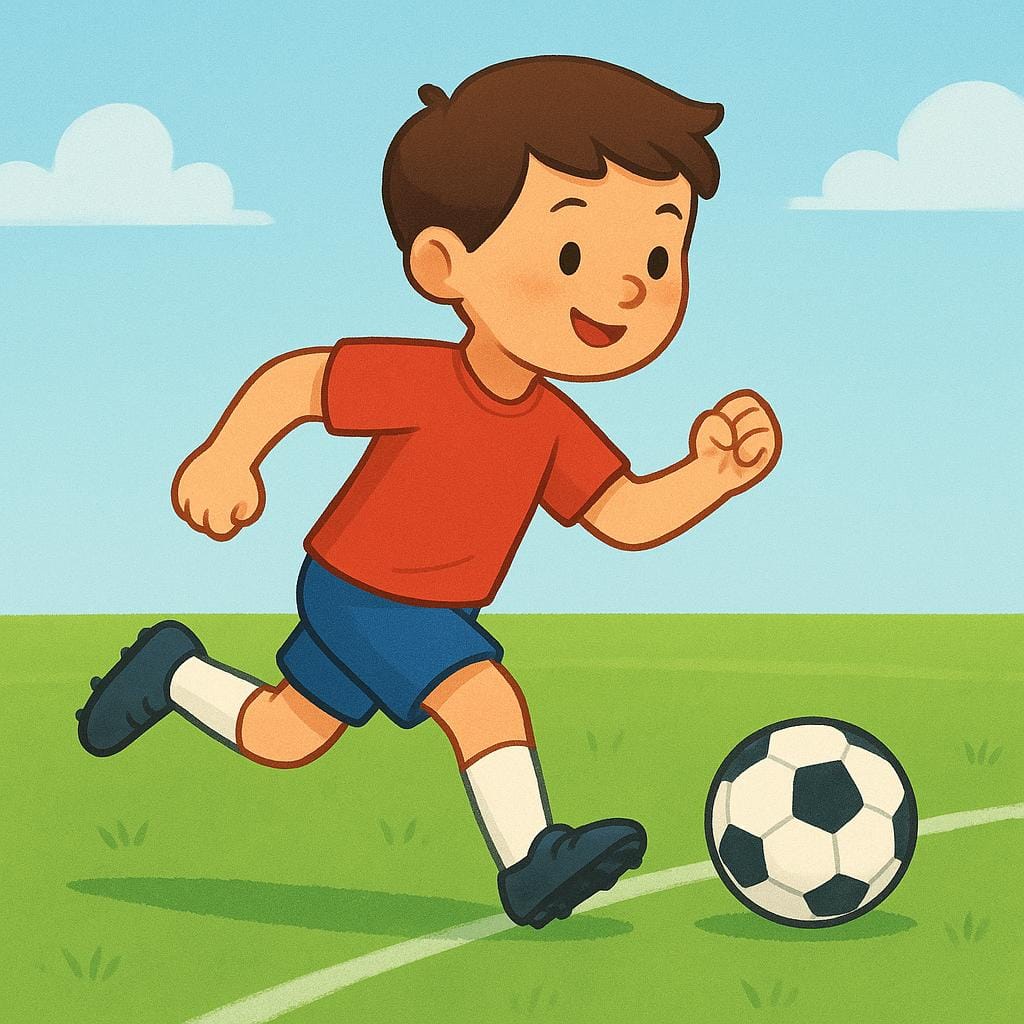 A soccer player wearing a bright uniform running across a green soccer field with a ball at their feet, symbolizing a midfielder.