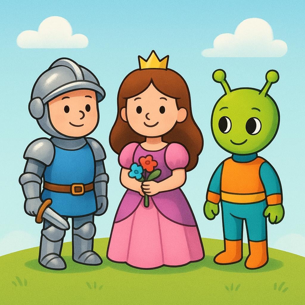A storybook illustration showing three diverse fictional characters: a knight in shining armor, a princess wearing a crown, and a friendly green alien, standing together.