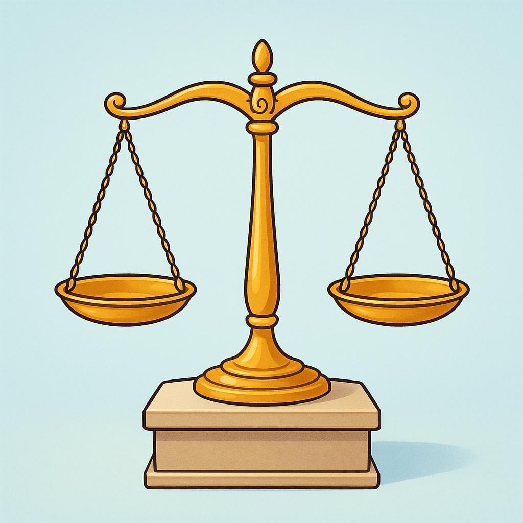 A colorful illustration of a perfectly balanced golden scale resting on a simple pedestal, symbolizing the representation of justice.