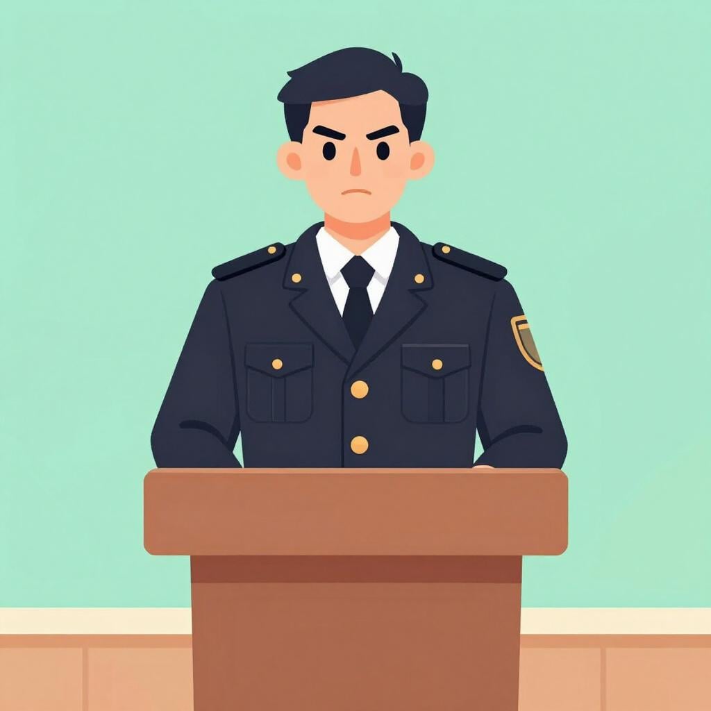 Une seule figure en uniforme sombre et strict, debout sur un podium avec une expression sévère, dominant une foule silencieuse.