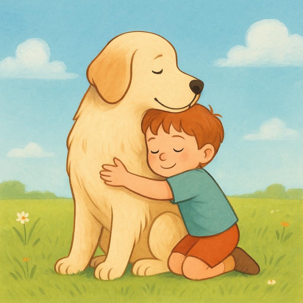 A small child giving a large, gentle golden retriever a tight, heartfelt hug in a sunny, warm setting.