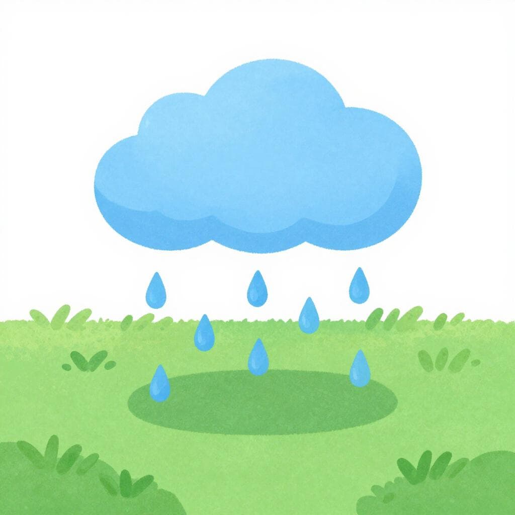 Ein stetiger Regen, der von einer einzelnen flauschigen Wolke auf grünes Gras fällt.