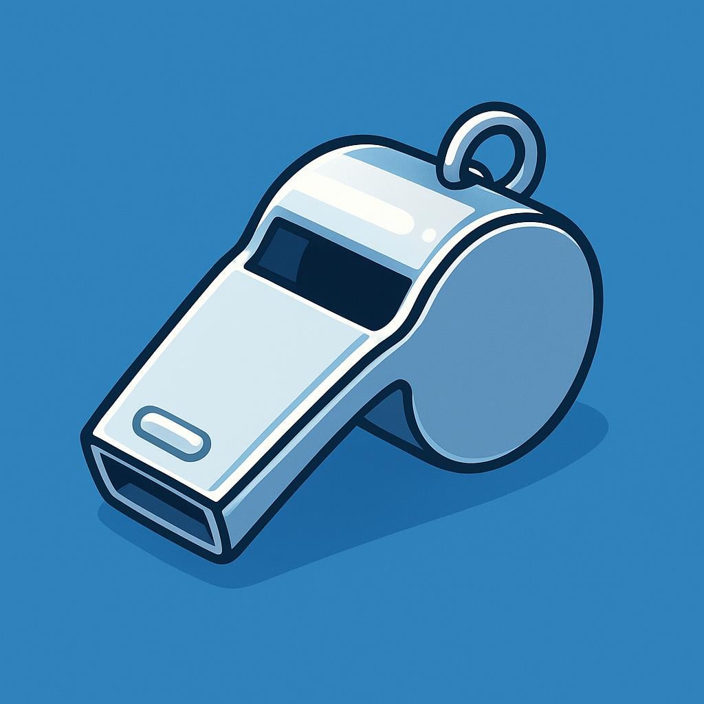 A shiny silver metal whistle resting on a solid blue background.