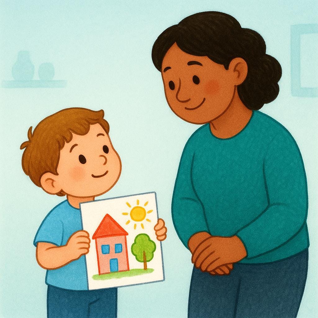 Un bambino piccolo mostra un disegno colorato a un adulto sorridente, implicando che il bambino sta facendo una richiesta o chiedendo un favore.
