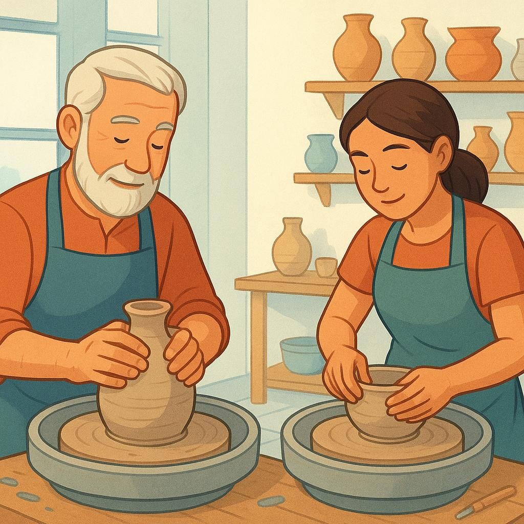 An illustration depicting two highly skilled potters, an older man and a younger woman, focused on shaping clay at separate pottery wheels in a studio.