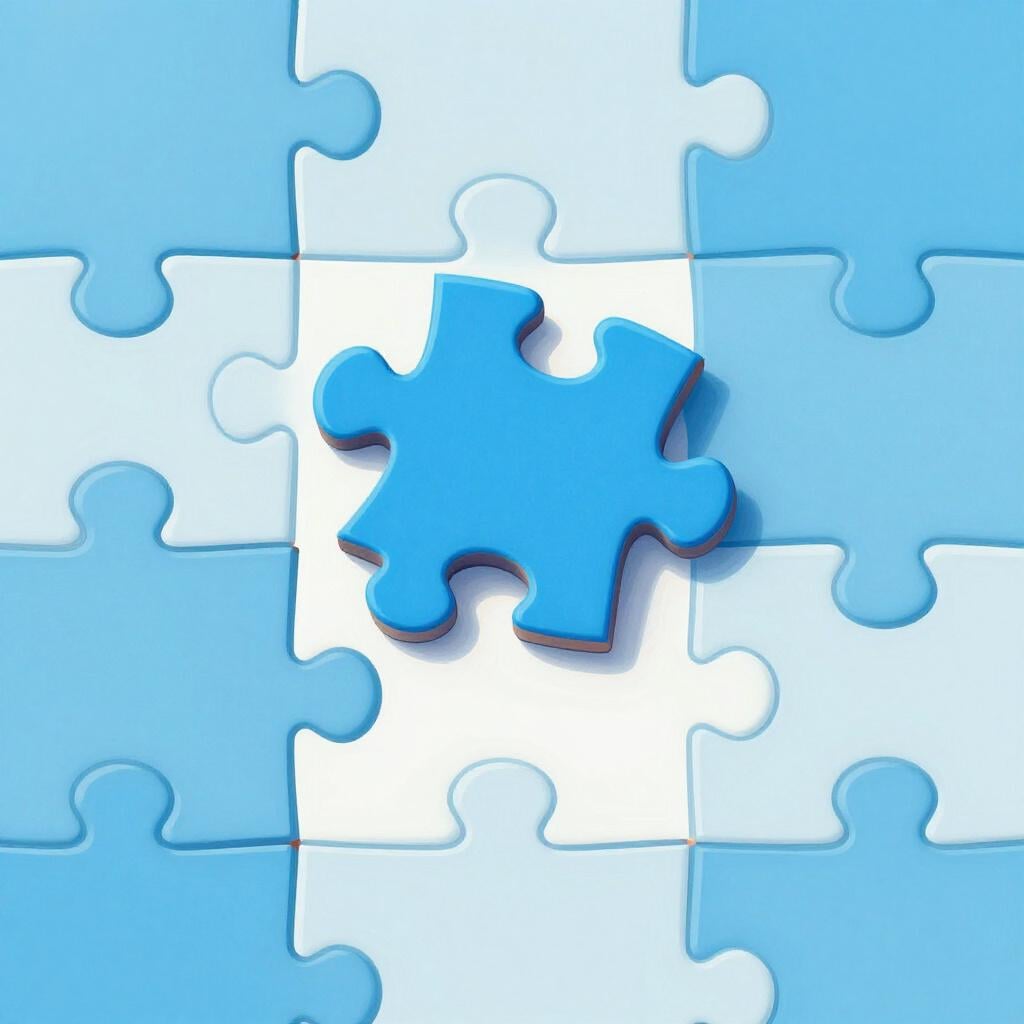 Un'illustrazione colorata che mostra un pezzo di puzzle blu che si incastra perfettamente nel suo posto corrispondente in un puzzle.