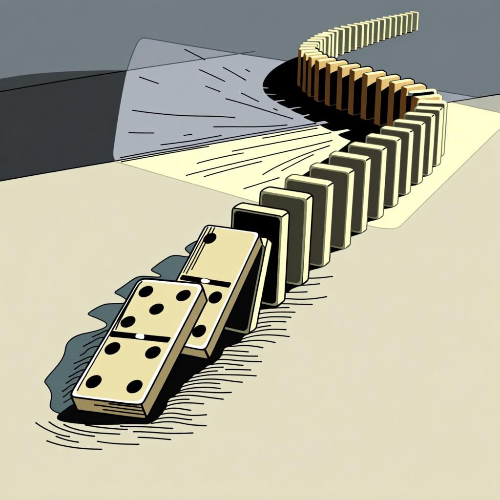 A single domino falling and starting a chain reaction with other dominoes, representing a cause or reason.