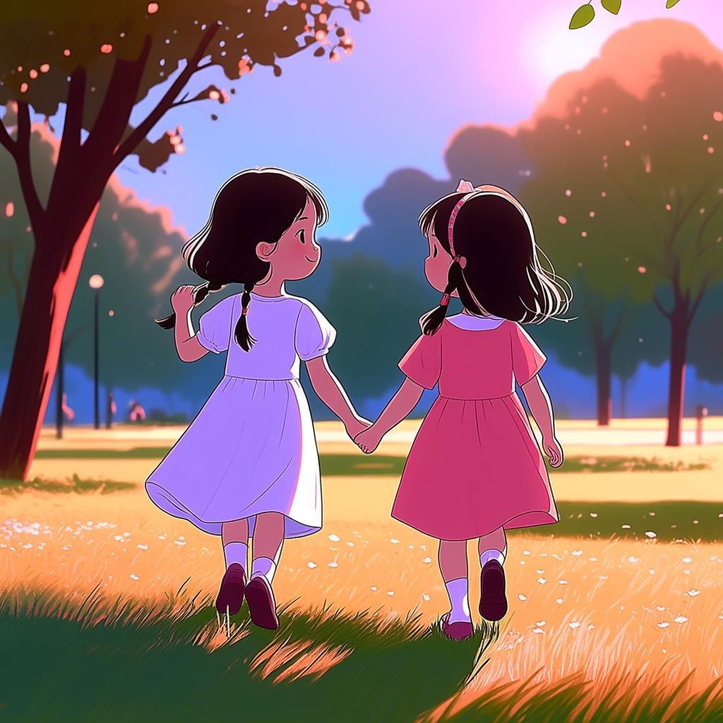Two young girls, clearly sisters, smiling and holding hands while walking outside on a sunny day.