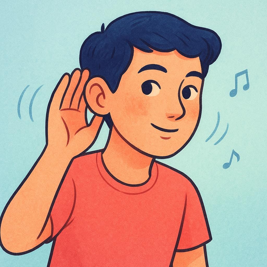 Una semplice illustrazione colorata di una persona con i capelli corti che si sporge leggermente e si porta una mano dietro l'orecchio, indicando un ascolto intenso.