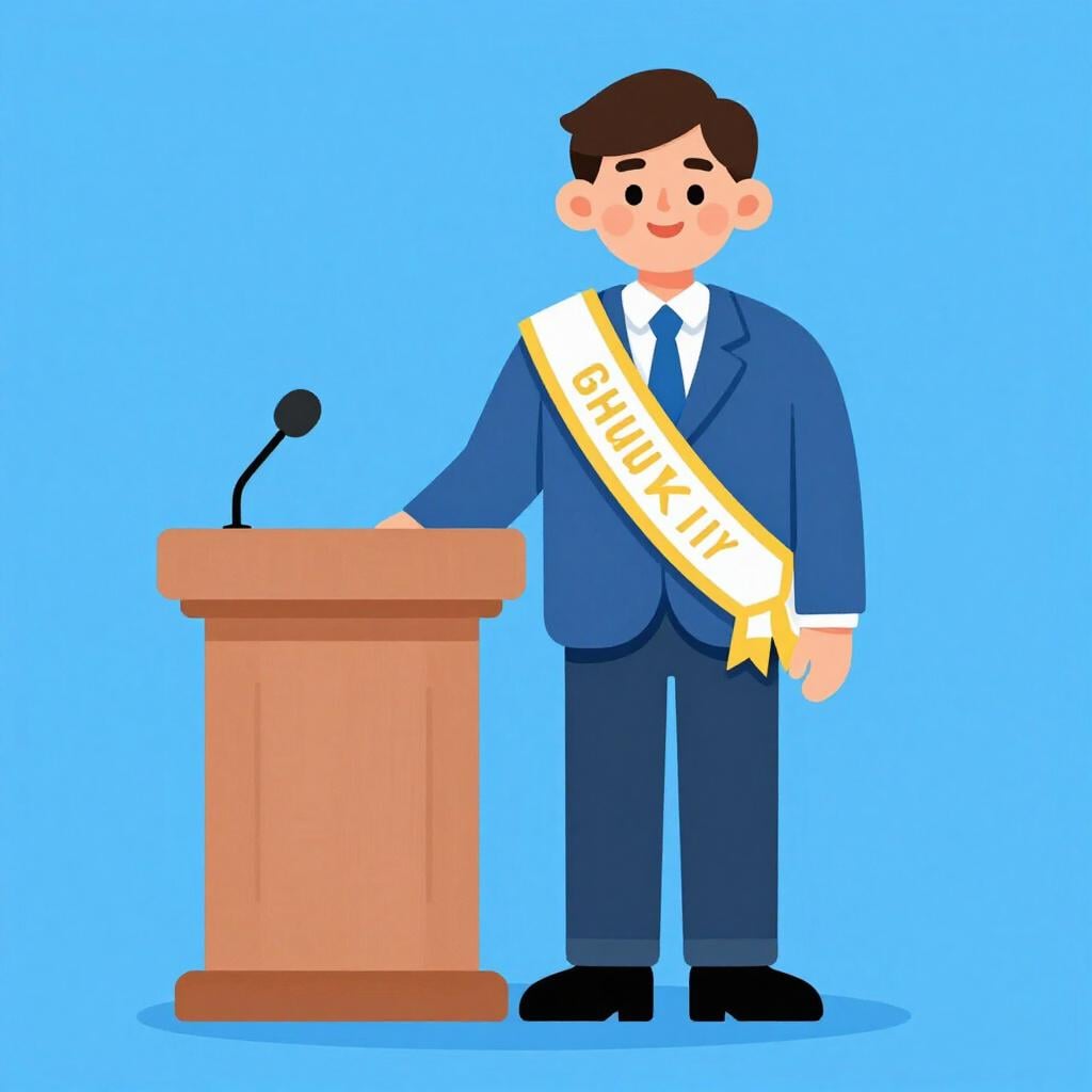 A person standing proudly next to a podium, wearing a sash that signifies their new role, looking towards a bright future.