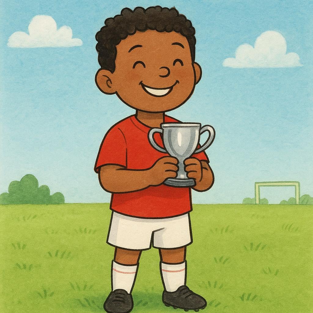 A young child wearing a red sports uniform happily holding a small, shiny silver trophy, symbolizing a youth sports achievement.
