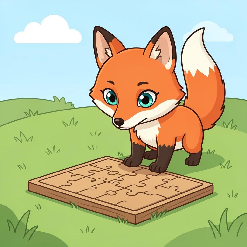 A small fox with bright, intelligent eyes looking curiously at a complex puzzle made of wooden blocks.