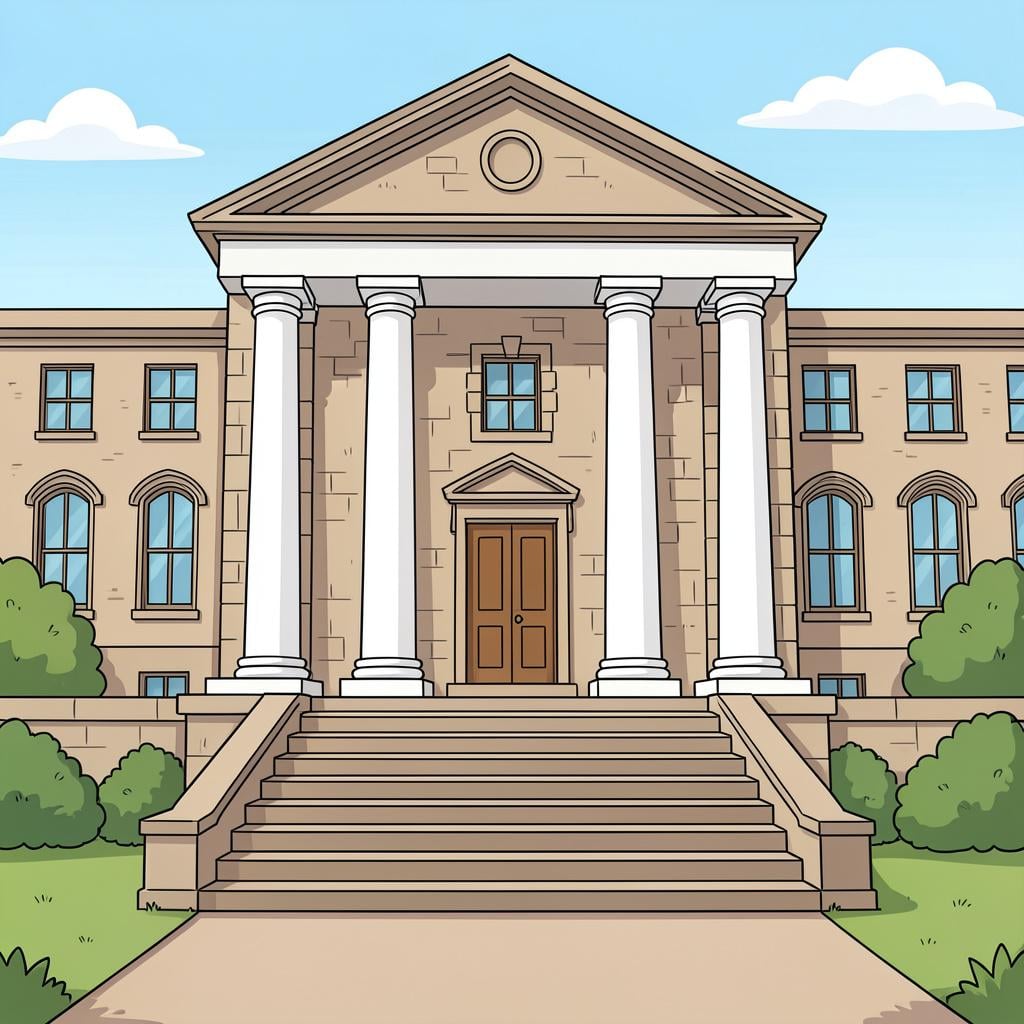 A large, grand building with classic columns and a wide staircase.