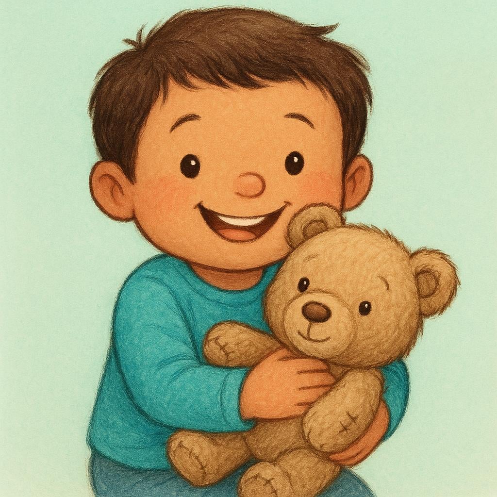 A smiling small child tenderly hugging a well-loved, slightly worn teddy bear close to their chest, illustrating something that is beloved or dear.