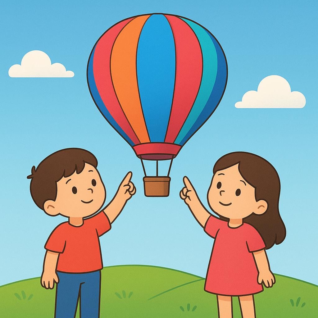 Two young figures standing on a green hill, pointing excitedly towards a large, brightly colored hot air balloon floating clearly in the blue sky.