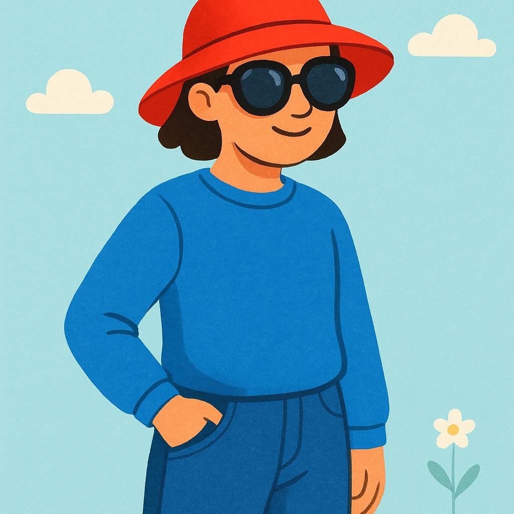 A colorful illustration of a person wearing a large red hat and oversized sunglasses, striking a casual pose, representing a distinctive 'look'.