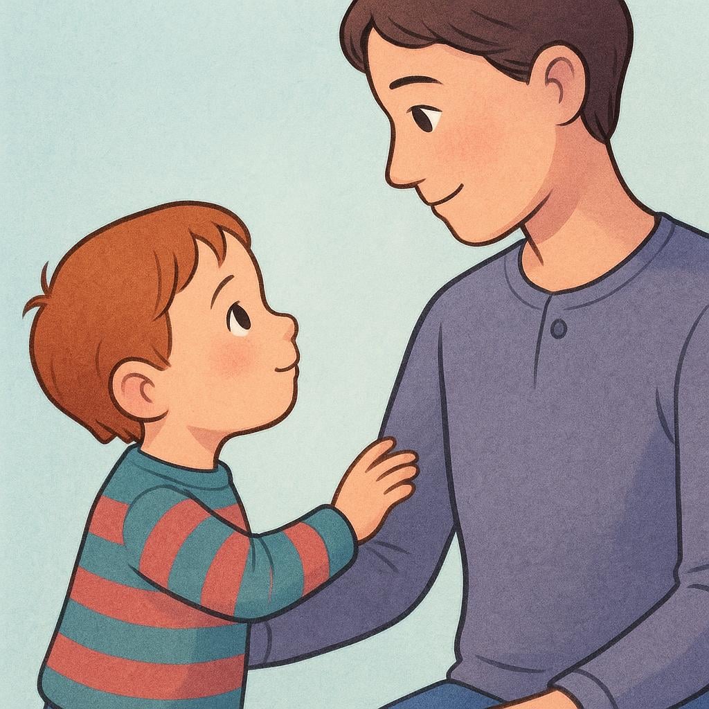 A small child gently tapping the shoulder of a taller adult. The child is looking up intently at the adult, who is turning their head to meet the child's gaze, illustrating the command 'Look at me.'