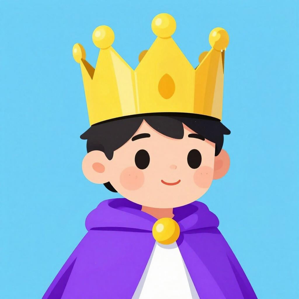 Un bambino indossa una corona di cartone dorata e lucida e un mantello viola, con un aspetto regale.