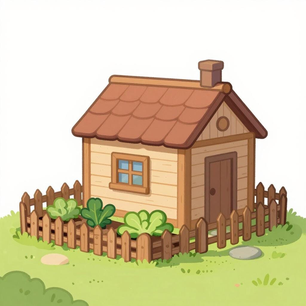 A small, simple wooden cottage with a small vegetable garden and a picket fence.